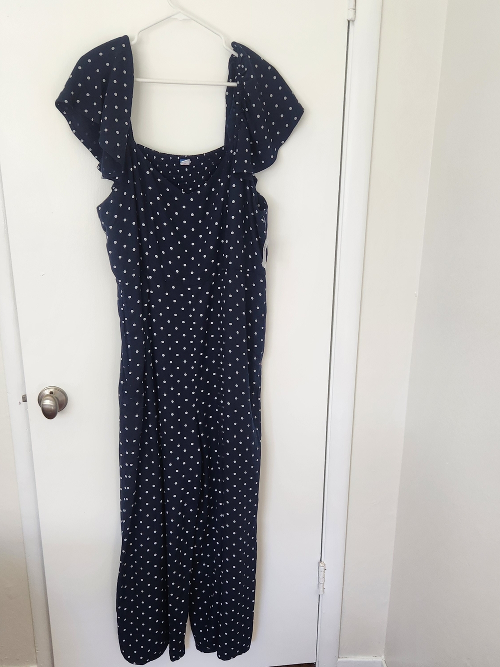 Old Navy Navy Polka Dot Jumpsuit with Flutter Sleeves